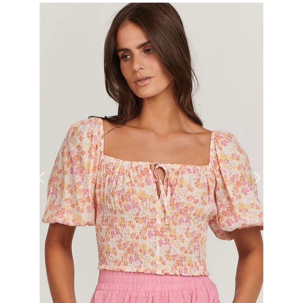 Charlie Holiday Audrey Floral Crop Top XL Pink Puff Sleeve NWT